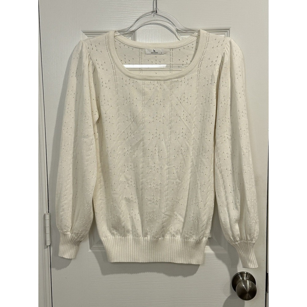 Womens Square Neck Long Puff Sleeve Pointelle Sweater Cream Size Small Casual - Picture 3 of 10